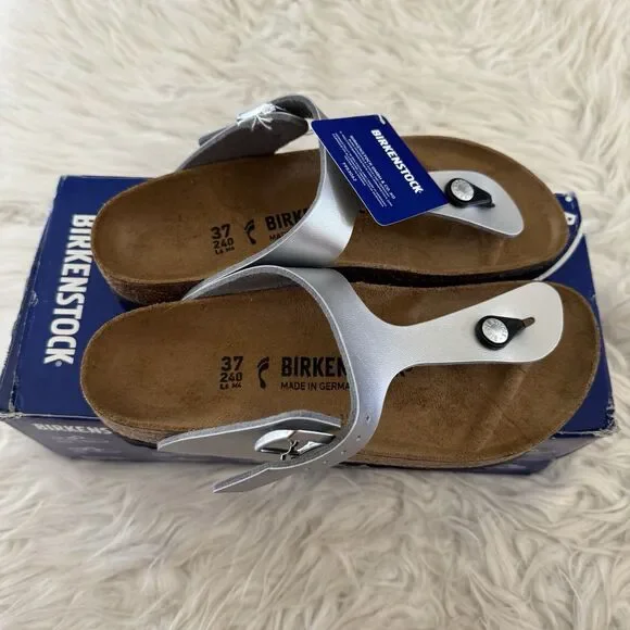 Birkenstock Gizeh Thong Sandals Leather Birko-Flor Silver Women’s EU37 NEW BOX - Picture 5 of 15